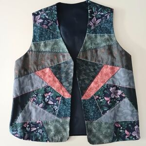 Handmade floral  earthy patchwork boho vest. XL.